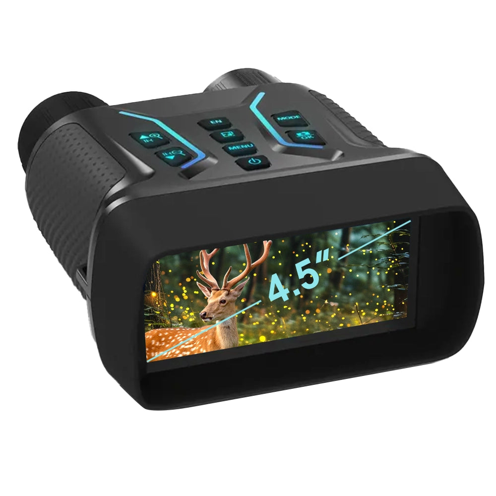 Black hunting binoculars with digital display showing a deer and measurement on a white background