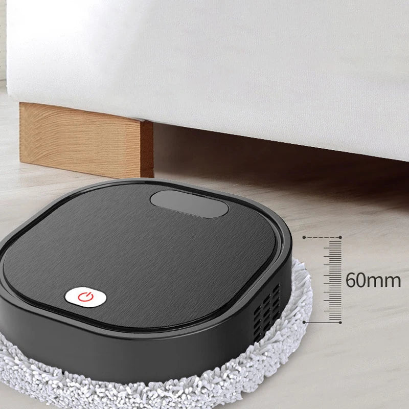 WiceRobo Robot Mop Vacuum cleaning under a bed with a 60mm measurement indicator.