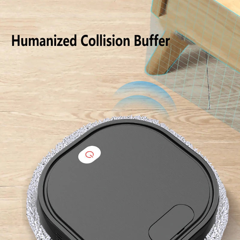 WiceRobo Robot Mop Vacuum with 'Humanized Collision Buffer' feature on a wooden floor.