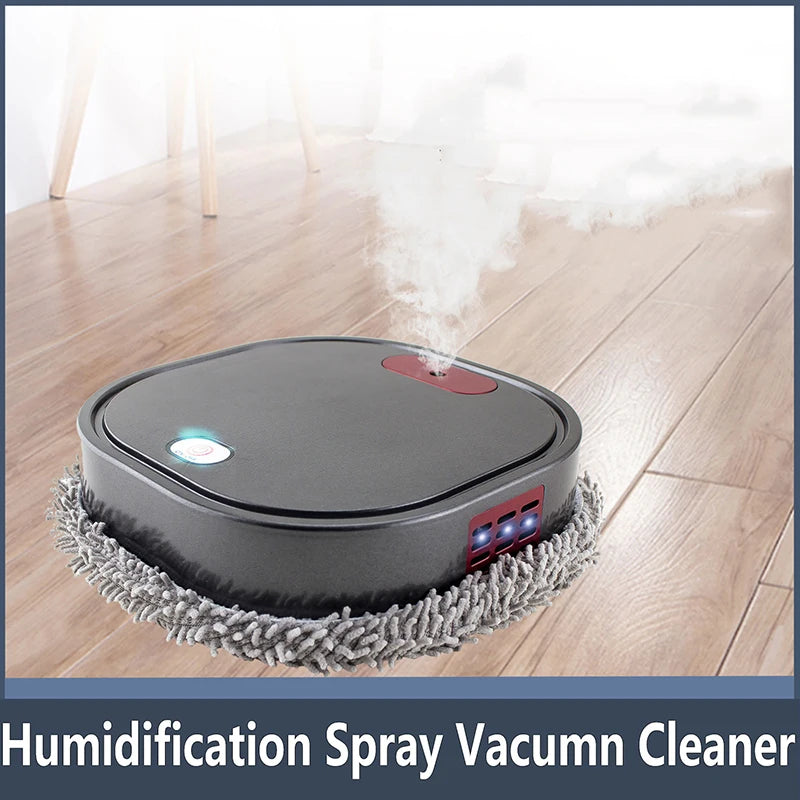 Humidification spray WiceRobo Robot Mop Vacuum on a wooden floor with steam rising.
