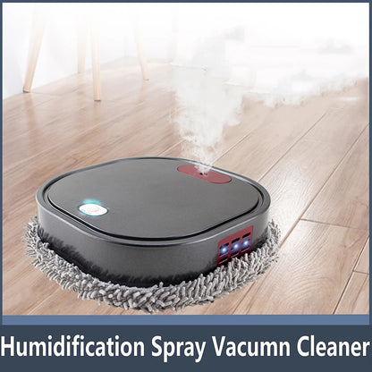 Humidification spray WiceRobo Robot Mop Vacuum on a wooden floor with steam rising.