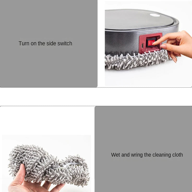 Instructions for using a cleaning device with text on how to turn on the side switch and wet the cleaning cloth.
