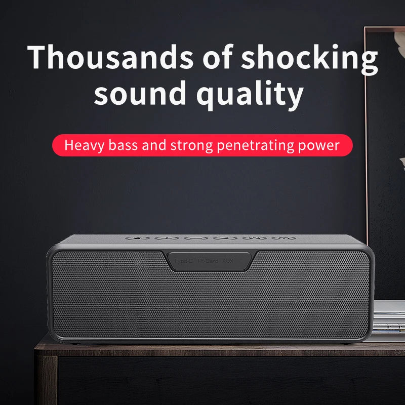 Black speaker with text about sound quality on a dark background