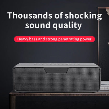 Black speaker with text about sound quality on a dark background