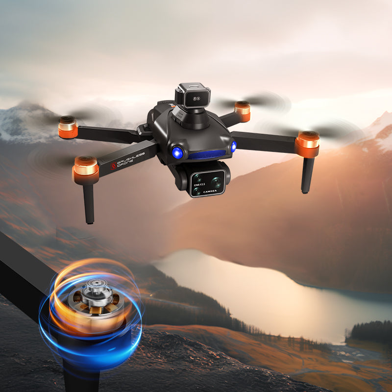 Drone with camera flying over a scenic landscape