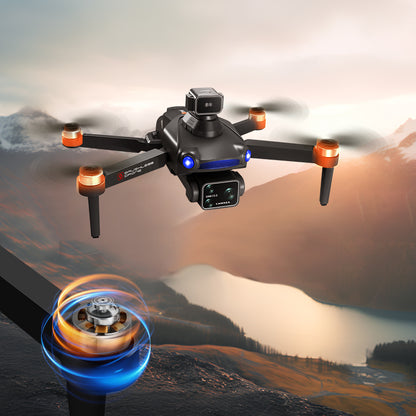 Drone with camera flying over a scenic landscape