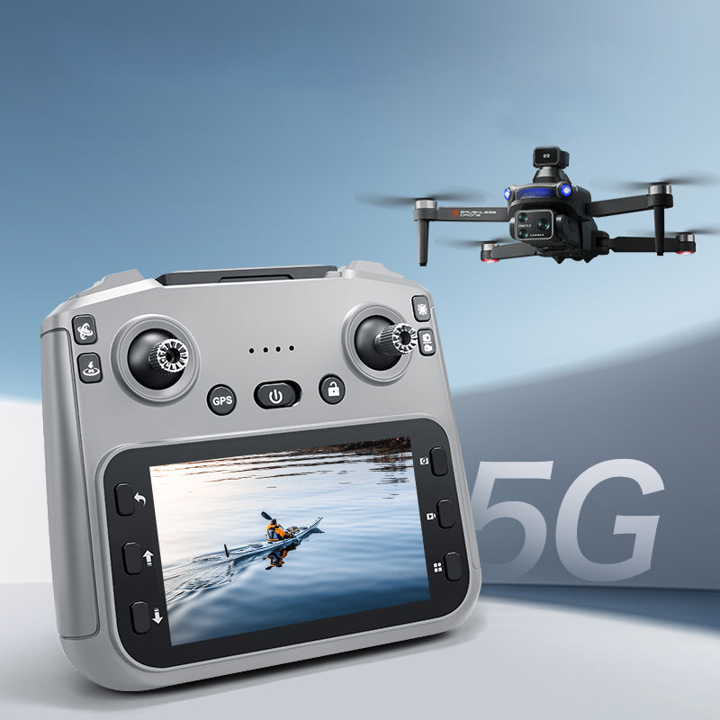 ZIMO Air S7 Drone control remote with screen displaying a drone flying over water, against a blue sky background.