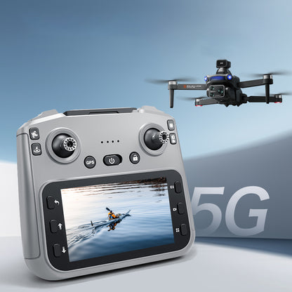 ZIMO Air S7 Drone control remote with screen displaying a drone flying over water, against a blue sky background.