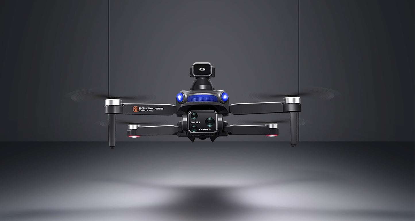 Drone with visible branding on a dark background