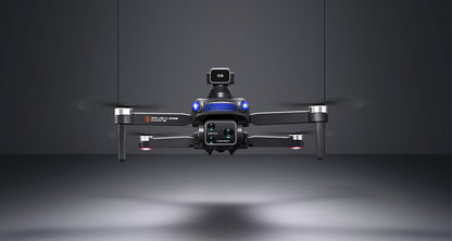 Drone with visible branding on a dark background