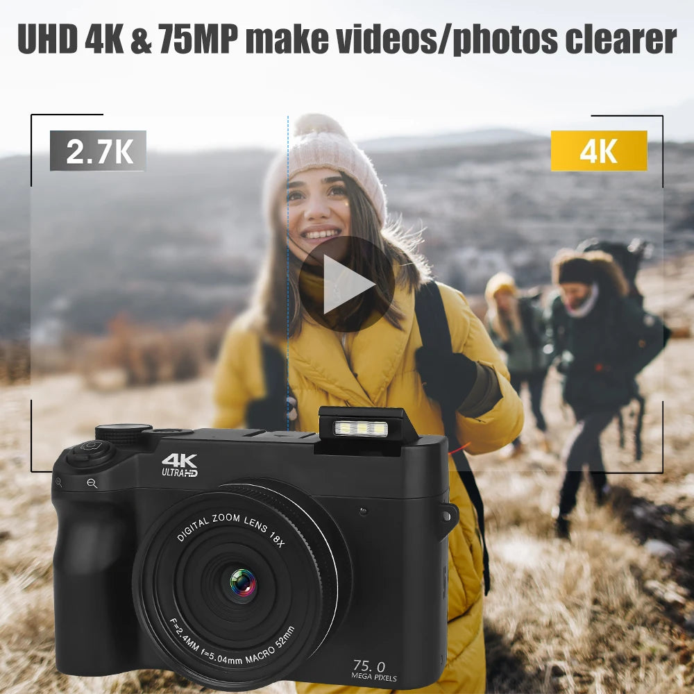 Zoomix Digital Camera with UHD 4K and 75MP features, showing a person in a yellow jacket in a field.