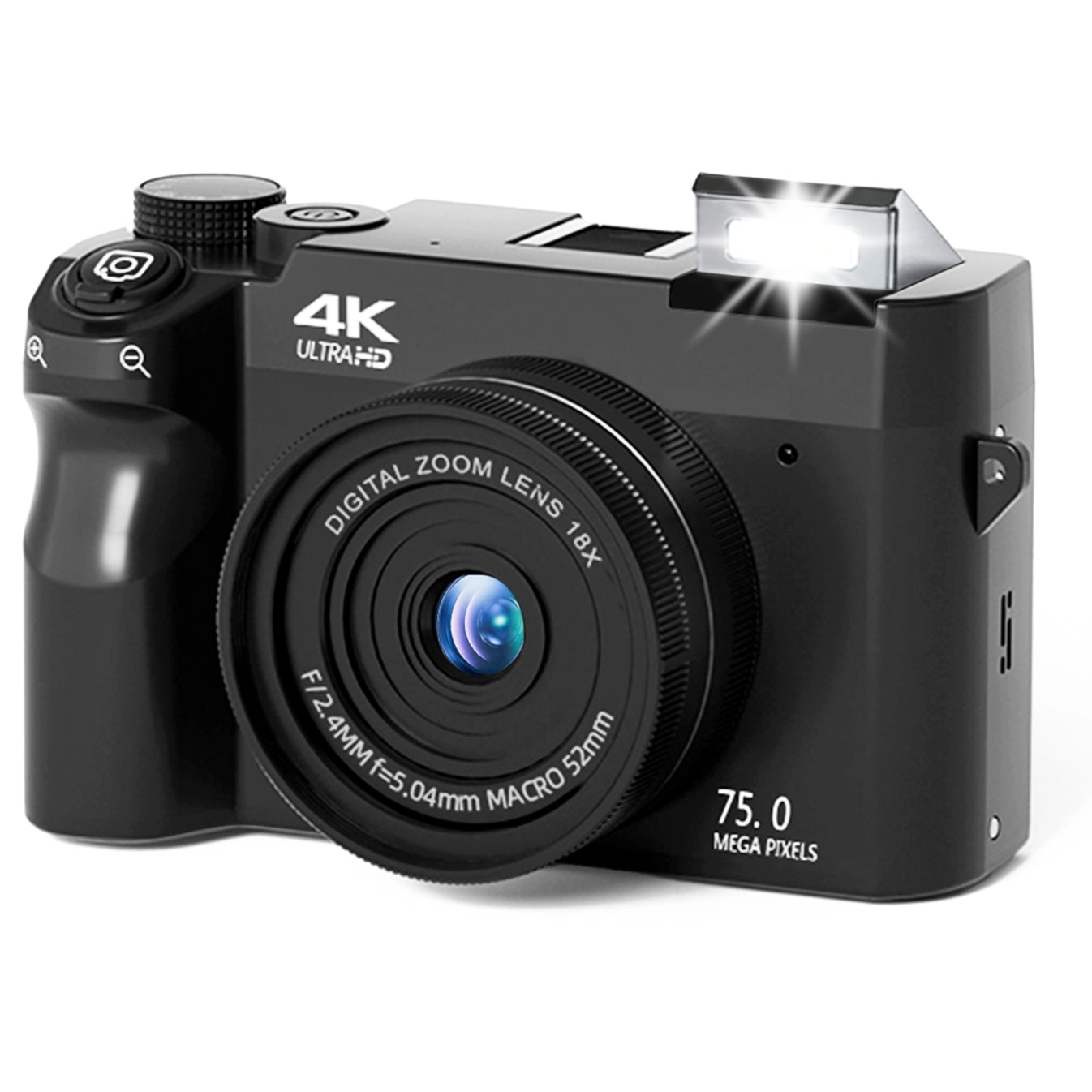 Black Zoomix Digital Camera with 4K Ultra HD and 75.0 mega pixels on a white background
