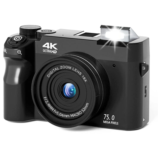 Black Zoomix Digital Camera with 4K Ultra HD and 75.0 mega pixels on a white background