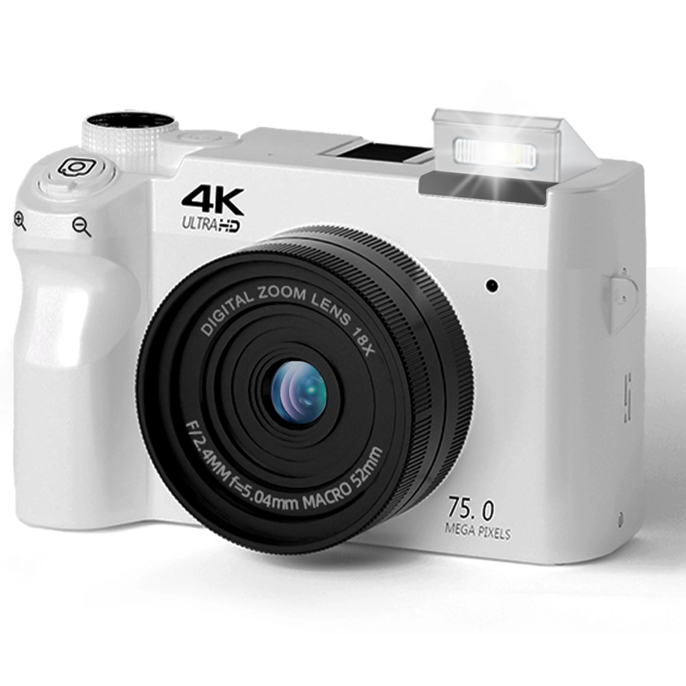 White Zoomix Digital Camera with black lens on a white background