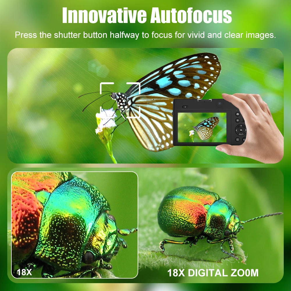 Zoomix Digital Camera capturing a butterfly and beetle with 'Innovative Autofocus' and '18X Digital Zoom' text.