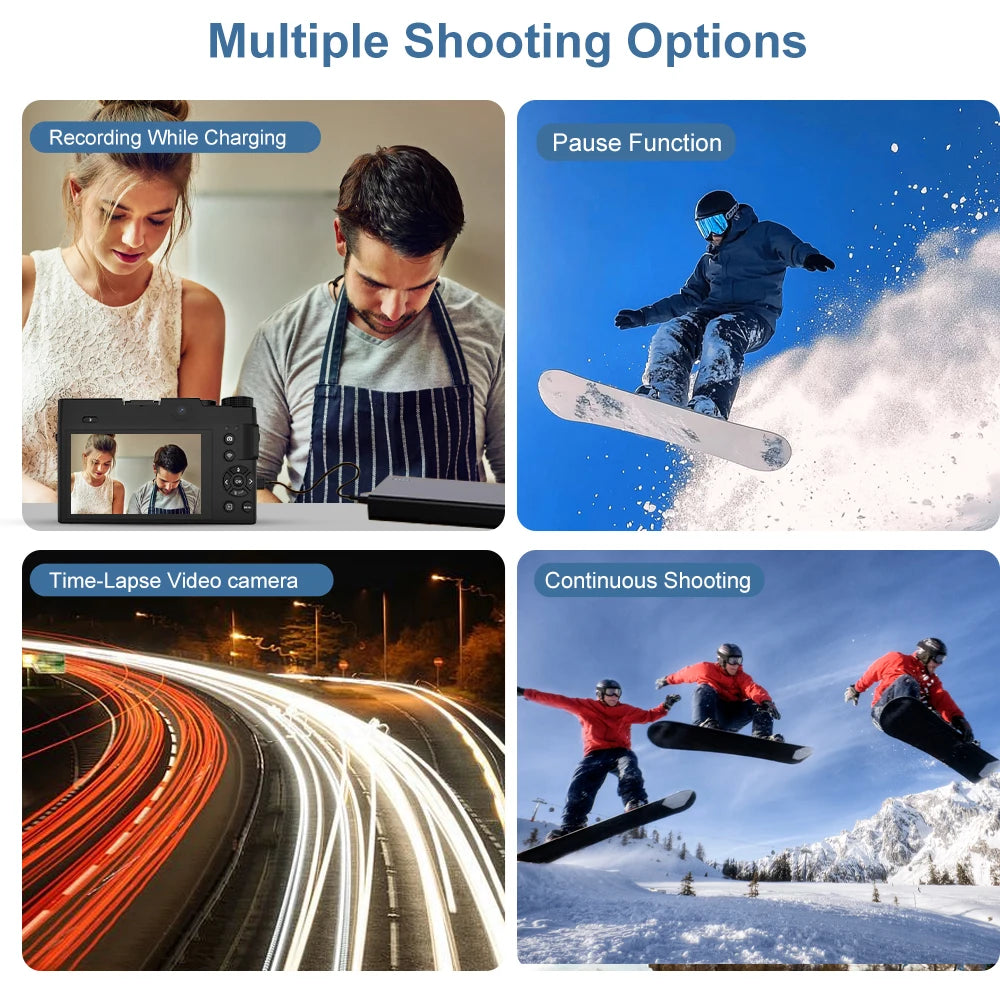 Four scenarios showcasing different Zoomix Digital Camera features with text labels.