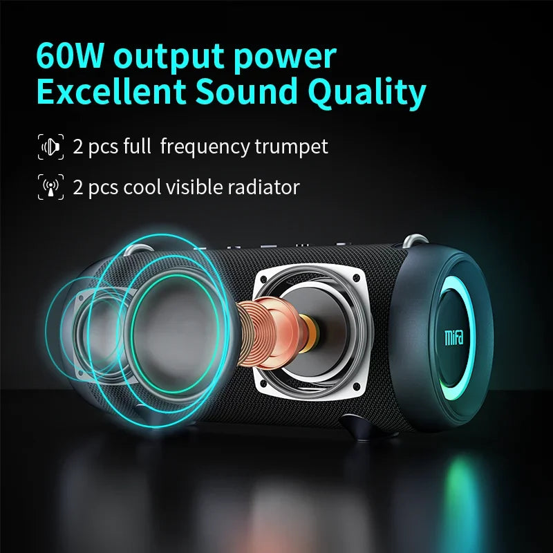 A90 Bluetooth speaker delivering 60W output power with premium Hi-Fi stereo sound and enhanced bass for immersive listening indoors or outdoors
