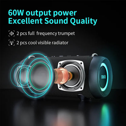 A90 Bluetooth speaker delivering 60W output power with premium Hi-Fi stereo sound and enhanced bass for immersive listening indoors or outdoors
