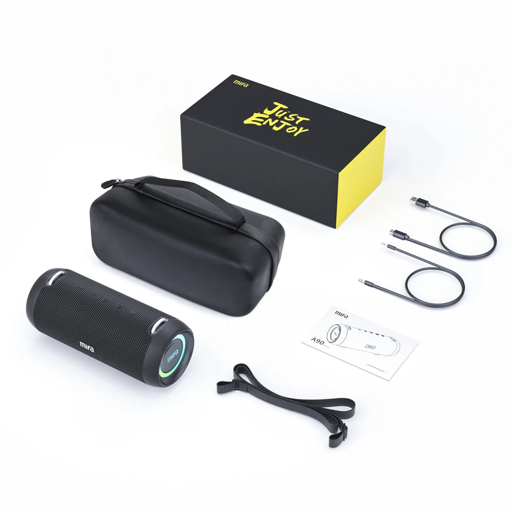 A90 Bluetooth speaker full package contents including the speaker, USB charging cable, AUX audio cable, user manual, and carry strap
