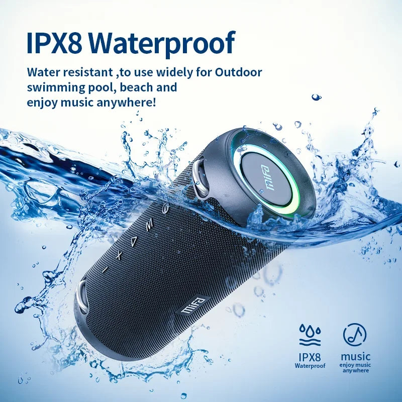 A90 Bluetooth speaker with IPX8 waterproof rating, fully protected against water immersion, perfect for pool, beach, shower, or rainy environments
