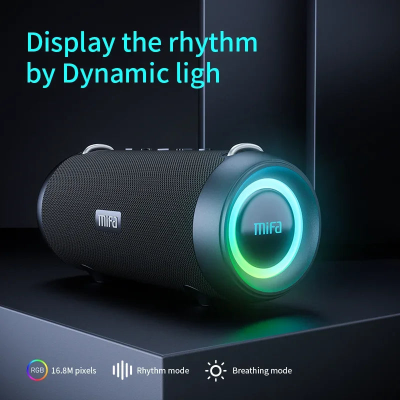 A90 Bluetooth speaker with built-in dynamic LED lighting that reacts to music rhythm, enhancing the audio-visual experience during playback
