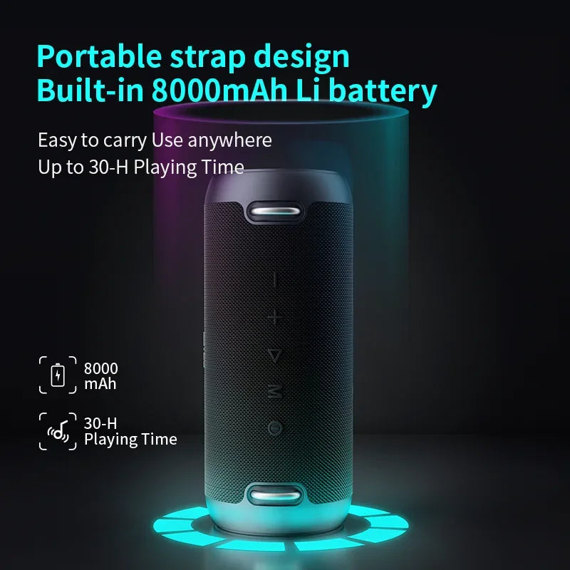 A90 Bluetooth speaker with portable strap design and built-in 8000mAh lithium battery for long-lasting playtime and easy carrying during travel
