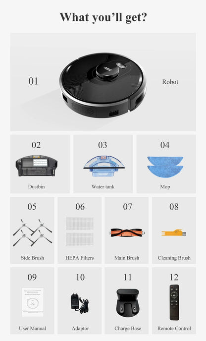 ABIR X8 Robot Vacuum Cleaner full box contents including charging dock, water tank, dustbin, HEPA filters, side brushes, power adapter, cleaning brush, and user manual neatly arranged

