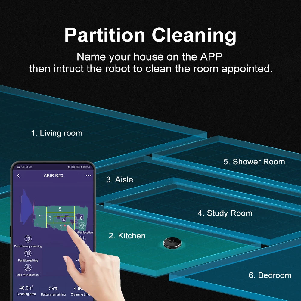 ABIR X8 robot vacuum app interface showing partitioned room cleaning – assign specific areas for targeted cleaning


