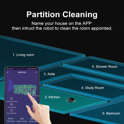 ABIR X8 robot vacuum app interface showing partitioned room cleaning – assign specific areas for targeted cleaning

