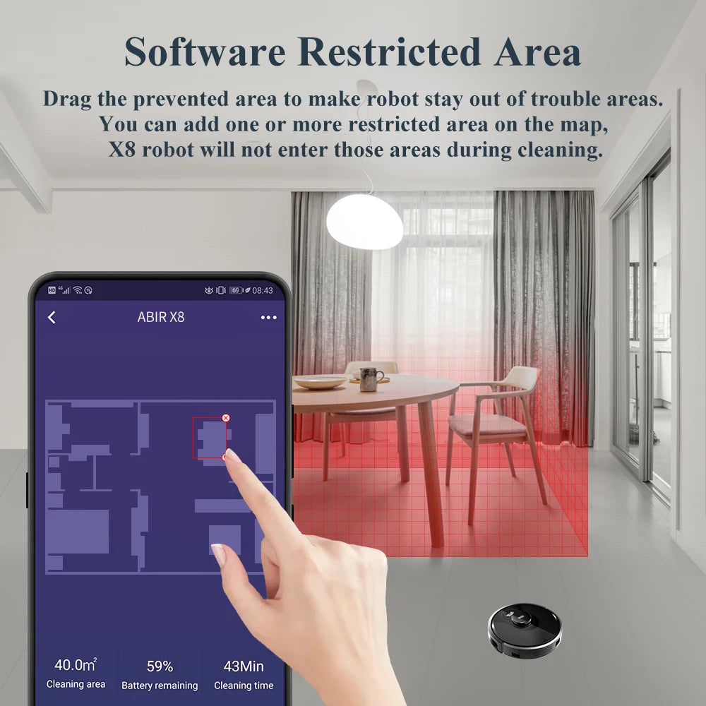 ABIR X8 robot vacuum app interface showing software-restricted areas and virtual no-go zones for controlled cleaning

