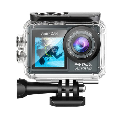 4K 5K waterproof action camera with front and rear LCD screens

