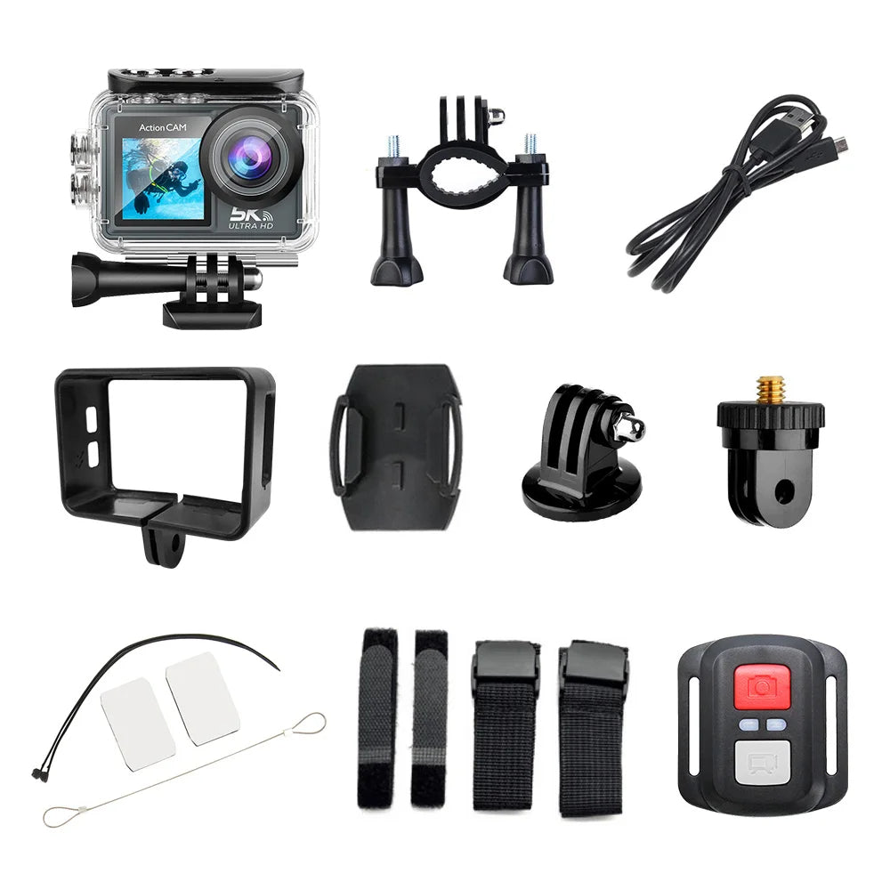 action camera kit with remote control, waterproof case, and mounts

