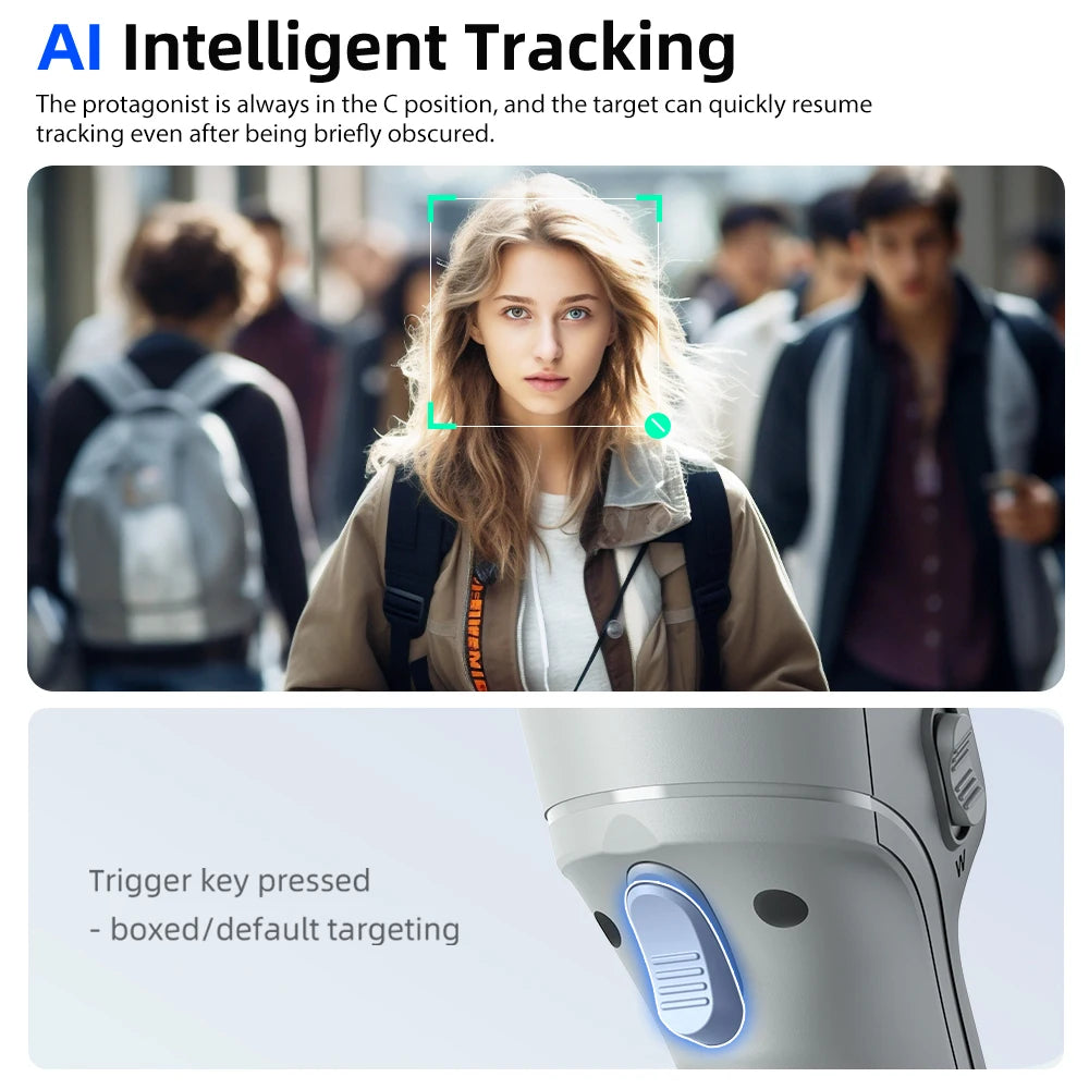 AI tracking gimbal with intelligent face and object recognition for hands-free smartphone filming
