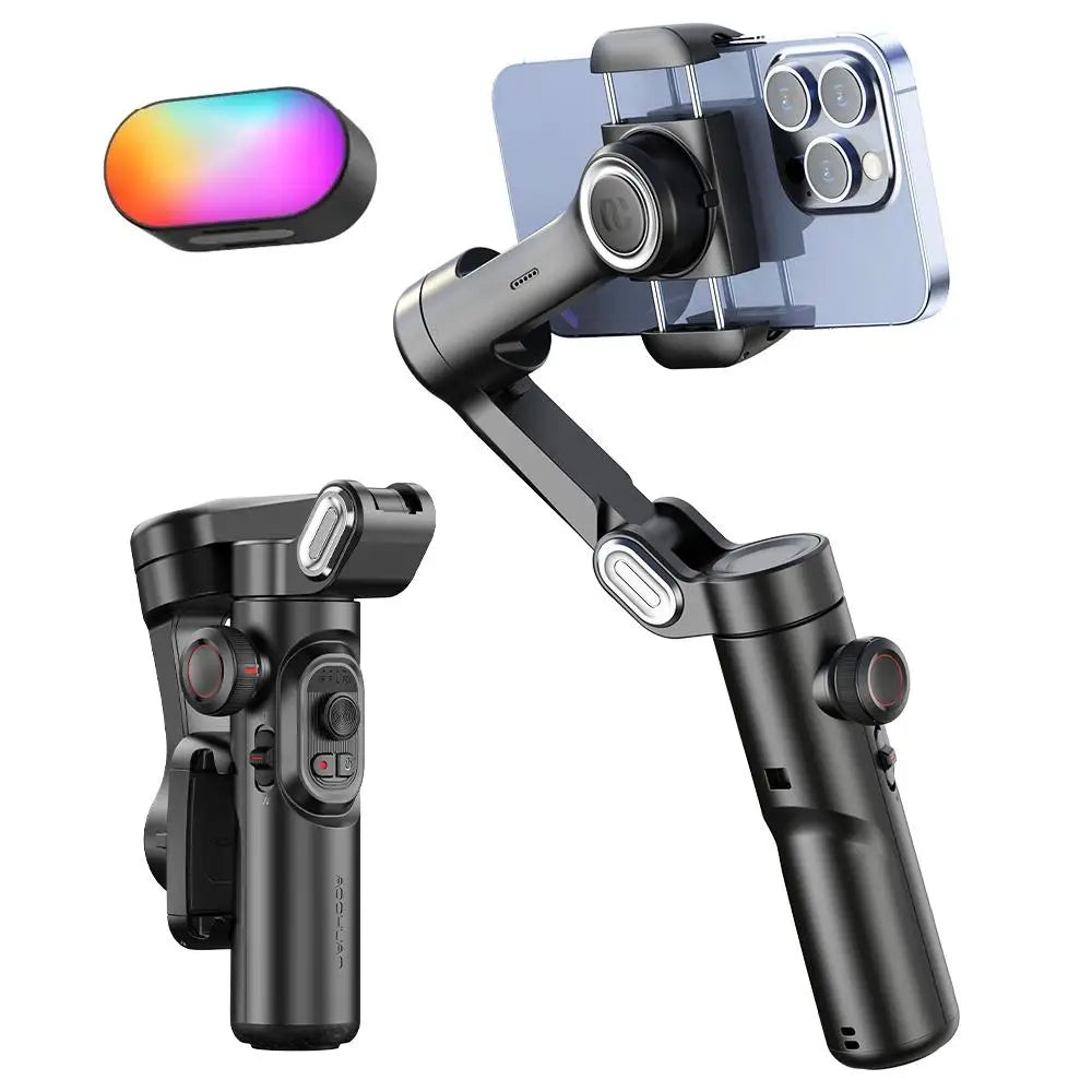 AOCHUAN Smart X Pro 3-Axis Gimbal with Smartphone Mounted and Built-In Light Turned On – Ideal for Night Shooting and Vlogging

