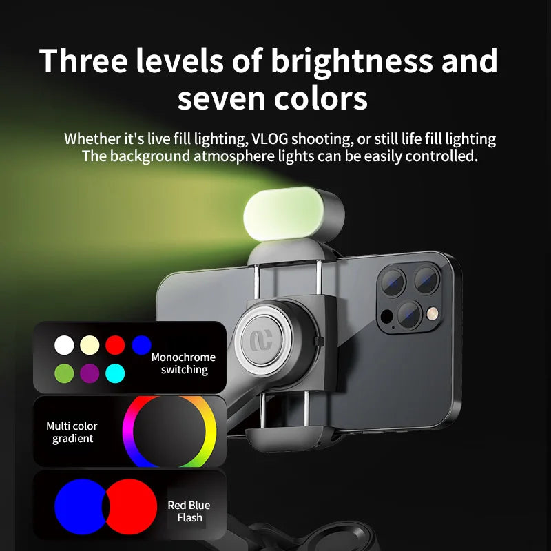 AOCHUAN Smart X Pro Gimbal showing built-in circular fill light with three brightness levels and seven color options

