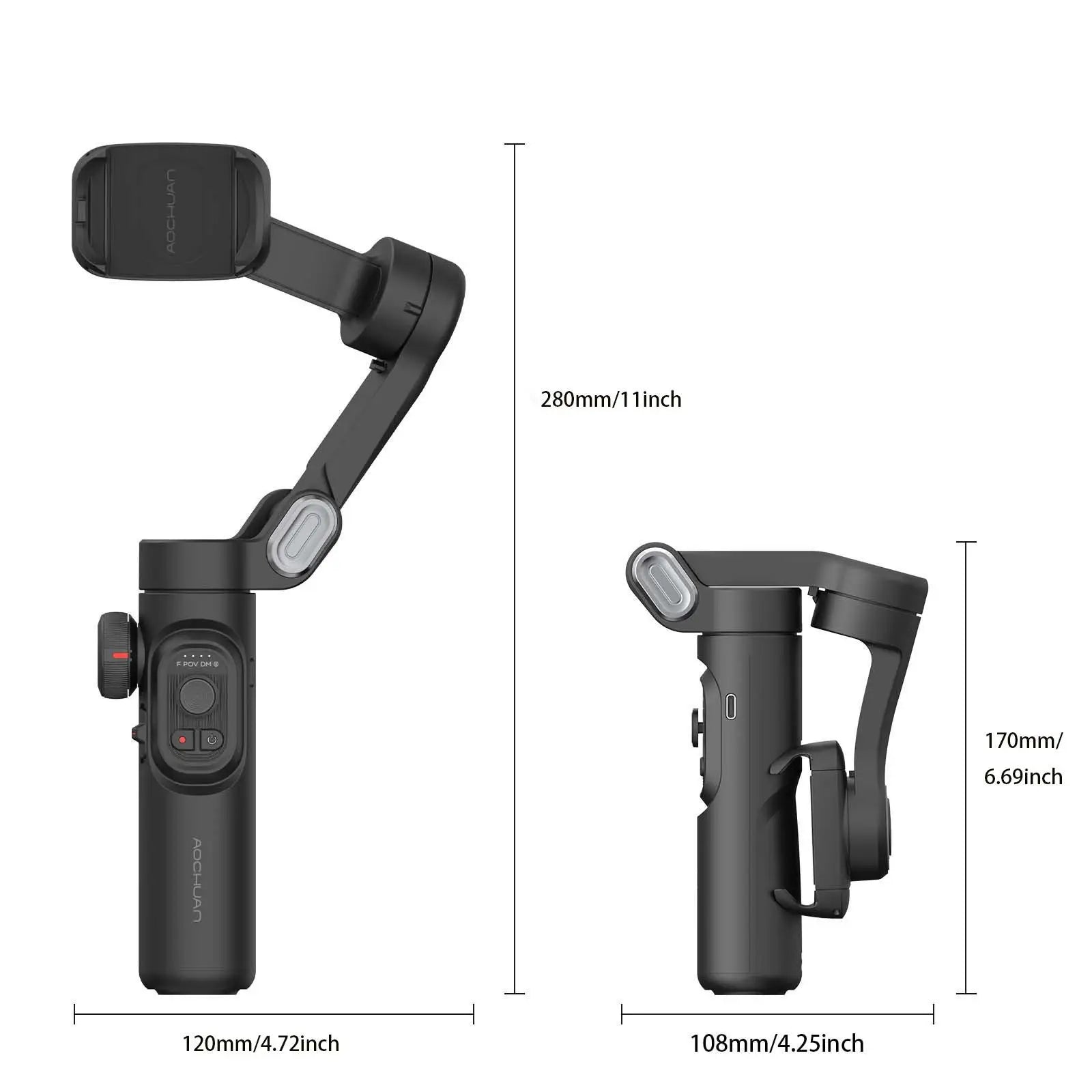 AOCHUAN Smart X Pro Gimbal dimensions shown in unfolded and folded states with labeled measurements

