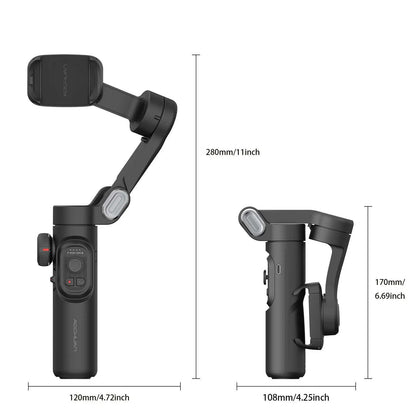 AOCHUAN Smart X Pro Gimbal dimensions shown in unfolded and folded states with labeled measurements

