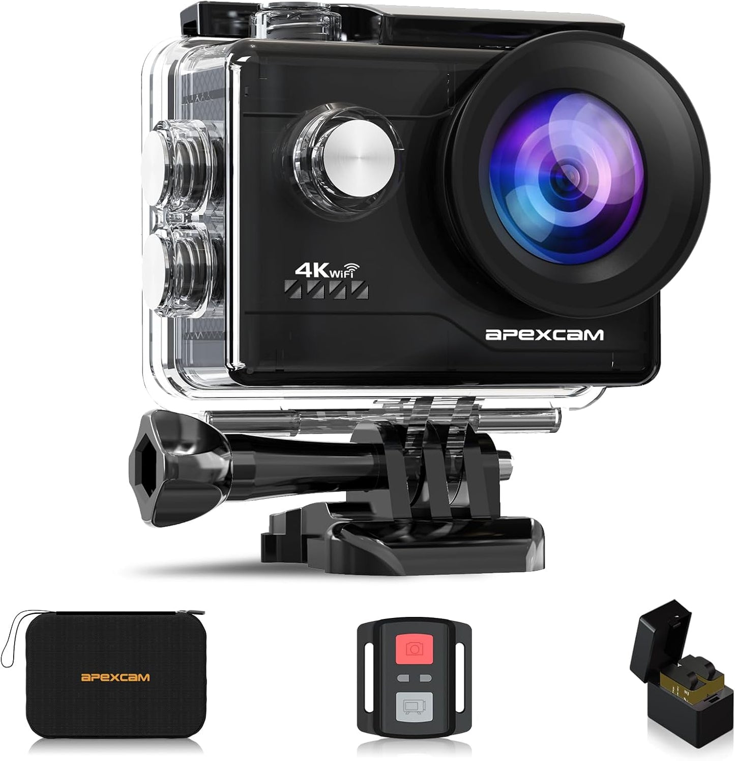 Apex M80 4k Action Camera with accessories on a white background, featuring the Apexcam brand.