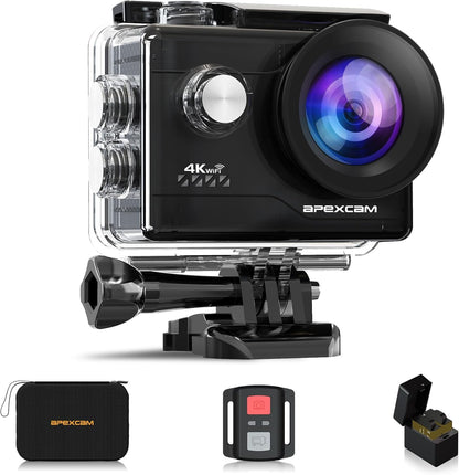 Apex M80 4k Action Camera with accessories on a white background, featuring the Apexcam brand.