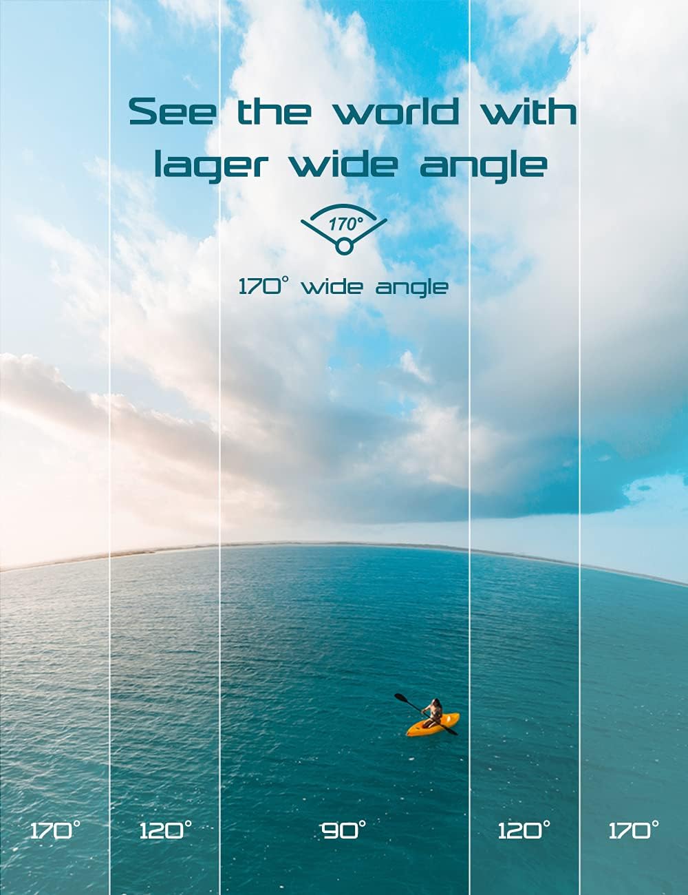 Person kayaking on a calm ocean with text about wide angle view