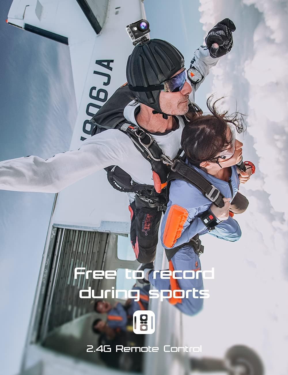 Two people skydiving with a Apex M80 4k Action Camera attached, against a clear sky.