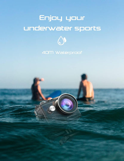 Apex M80 4k Action Camera submerged in water with text 'Enjoy your underwater sports' and '40M Waterproof'.