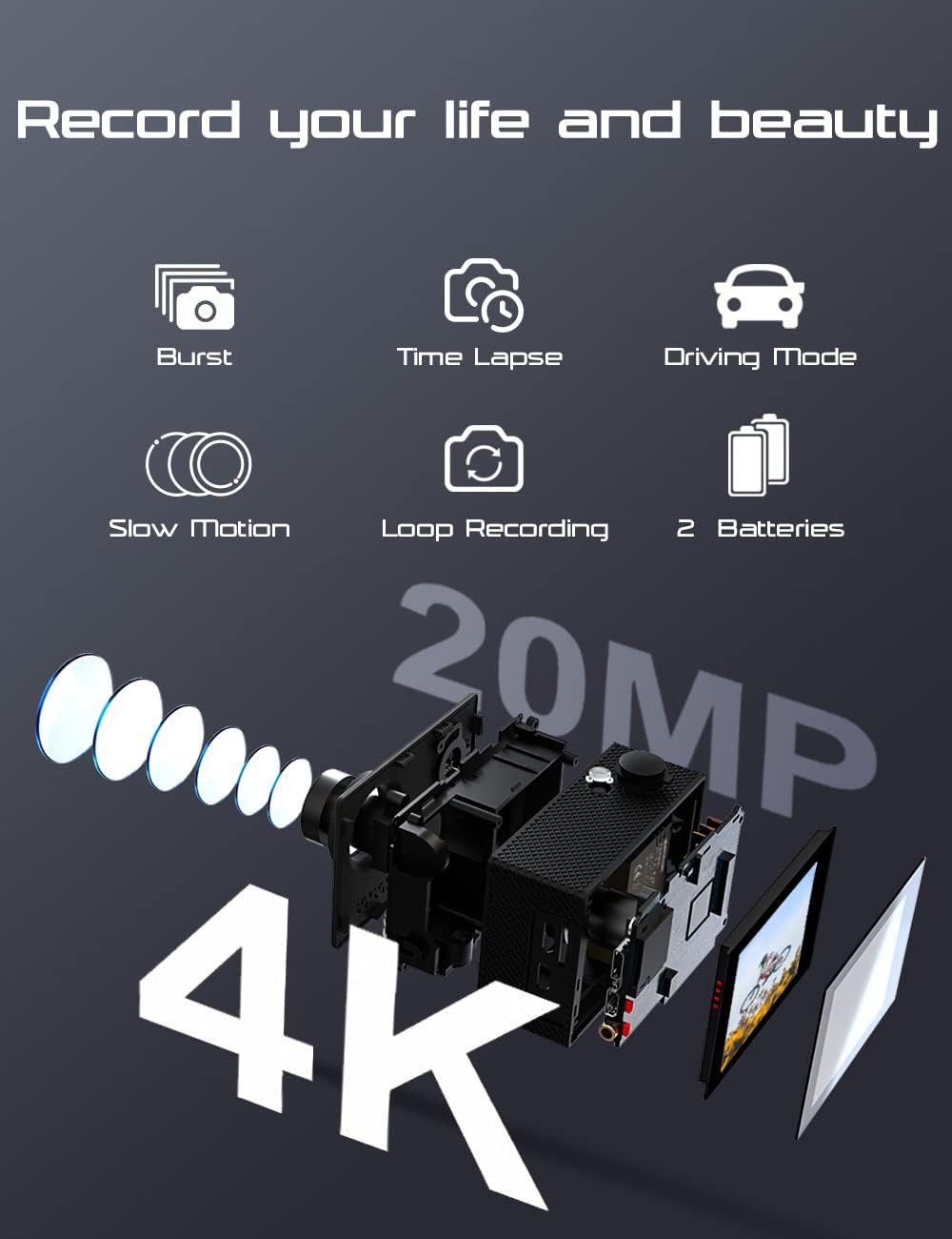 Apex M80 4k Action Camera equipment with features listed on a dark background