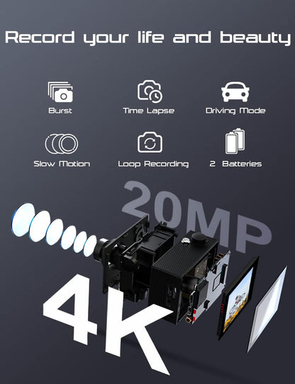Apex M80 4k Action Camera equipment with features listed on a dark background
