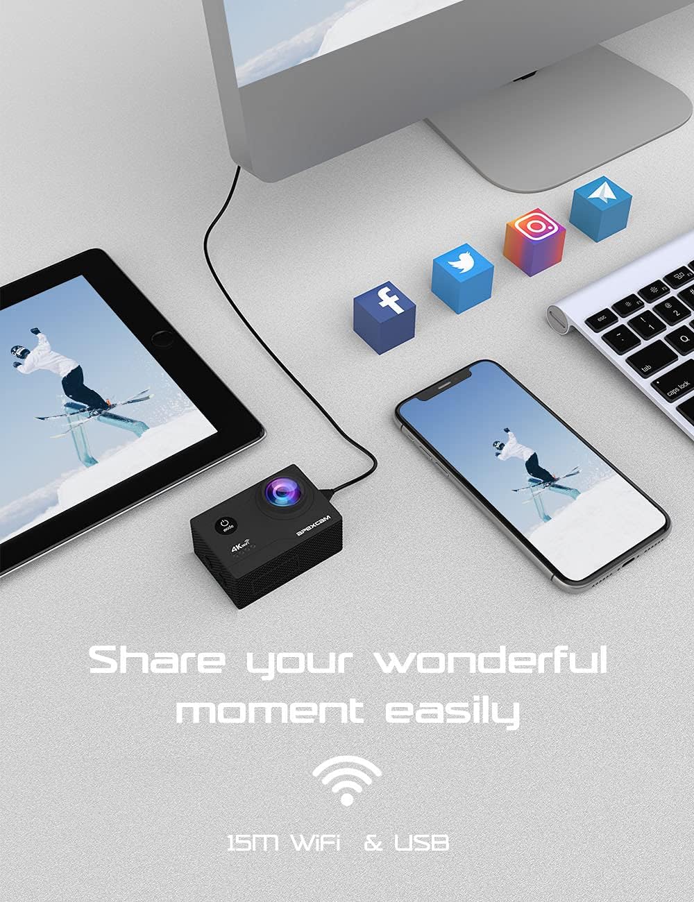 Electronic device connecting to tablet, smartphone, and computer with text 'Share your wonderful moment easily'.