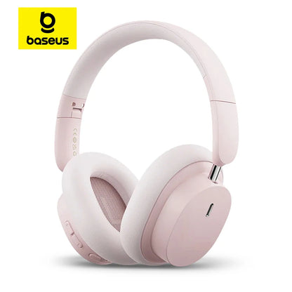 Pink Baseus Bowie D05 Wireless Headphones – Over-ear design, shown in soft pastel pink finish with cushioned earcups and adjustable headband, ideal for fashion-forward users seeking comfort and style.

