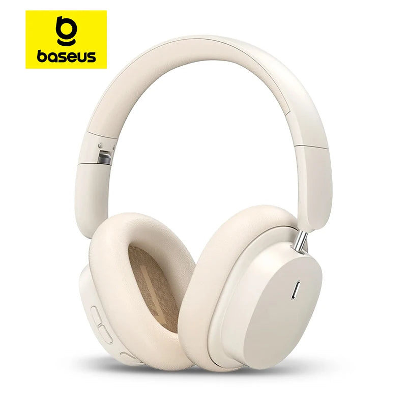 White Baseus Bowie D05 Wireless Headphones – Sleek over-ear headphones in elegant white finish, featuring cushioned earcups, foldable design, and built-in controls for music and calls.

