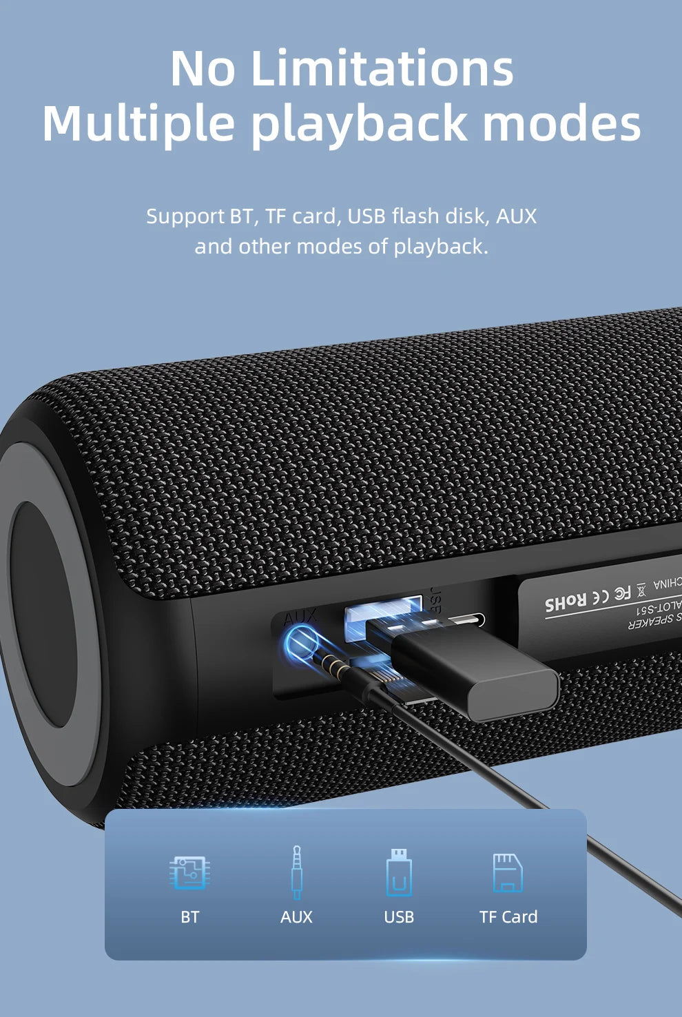 Beatfy 360 Bluetooth Speaker with multiple playback modes – supports AUX input, Bluetooth, USB drive, and TF card for versatile audio playback