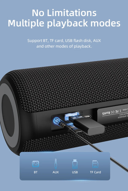Beatfy 360 Bluetooth Speaker with multiple playback modes – supports AUX input, Bluetooth, USB drive, and TF card for versatile audio playback