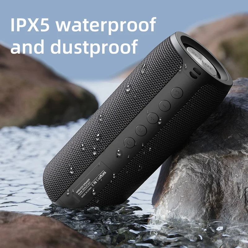 Beatfy 360 Bluetooth speaker in outdoor setting – waterproof and dust-resistant design for travel, hiking, and beach days